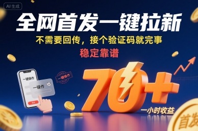 全网首发一键拉新项目，不需要回传，接个验证码就完事，稳定靠谱，一小时收益70+【揭秘】-网亿资源平台