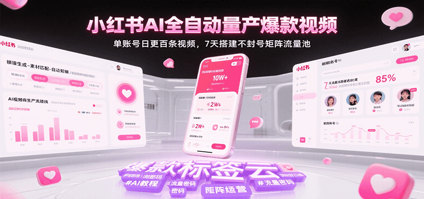 小红书AI全自动量产爆款视频,单账号日更百条视频,7天搭建不封号矩阵流量池(更新)-网亿资源平台