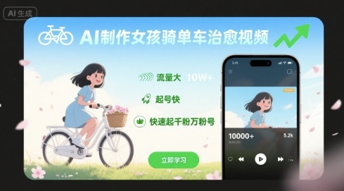 AI制作女孩骑单车治愈视频，流量大，起号快，快速起千粉万粉号-邪修侠 - 演示