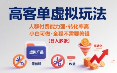 高客单虚拟玩法日入多张，人群付费能力强转化率高，小白可做 全程不需要剪辑-网亿资源平台