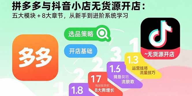 （15805期）拼多多与抖音小店无货源开店：五大模块+8大章节，从新手到进阶系统学习-网亿资源平台