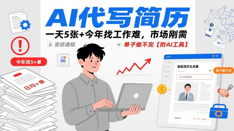 AI代写简历，一天5张+今年找工作难，市场刚需，单子做不完【附AI工具】-网亿资源平台