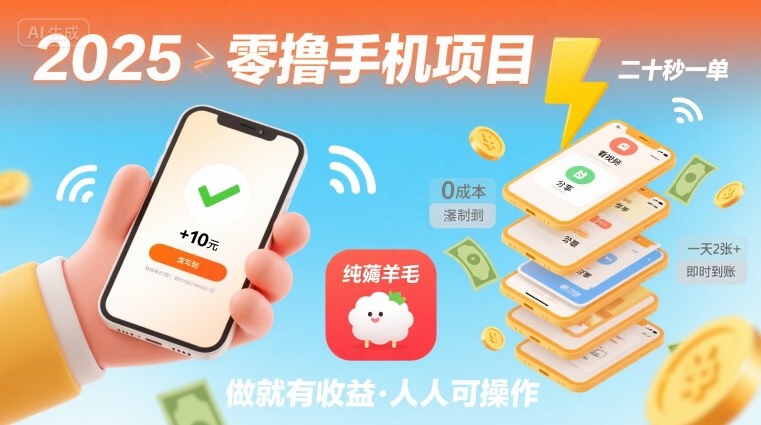 2025年零撸手机项目，二十秒一单，纯薅羊毛 一天2张+做就有【揭秘】-网亿资源平台
