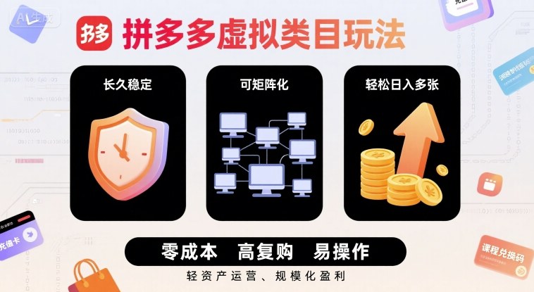 拼多多虚拟类目玩法，长久稳定，可矩阵化，轻松日入多张-网亿资源平台