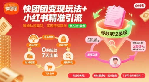 快团团变现玩法+小红书精准引流技巧，助你真正落地私域卖货，实现持续挣米-网亿资源平台