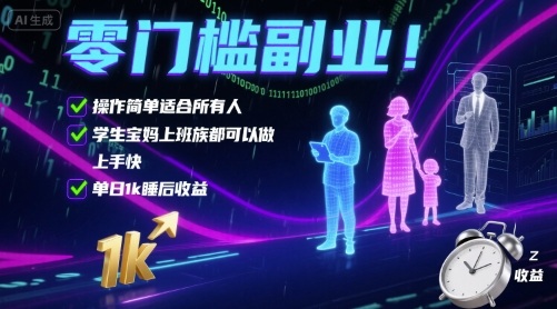 零门槛副业！操作简单适合所有人，学生宝妈上班族都可以做，上手快，单日1k睡后收益【揭秘】-网亿资源平台