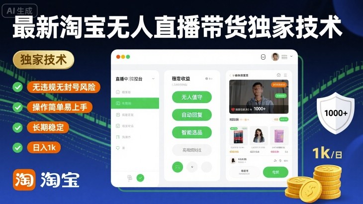 最新淘宝无人直播带货独家技术,无违规无封号风险,操作简单易上手,长期稳定日入1k【揭秘】-网亿资源平台