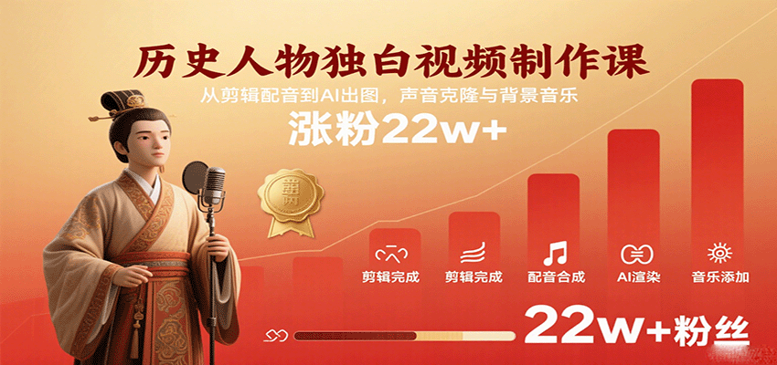 历史人物独白视频制作课，从剪辑配音到AI出图，声音克隆与背景音乐，涨粉22w+-网亿资源平台