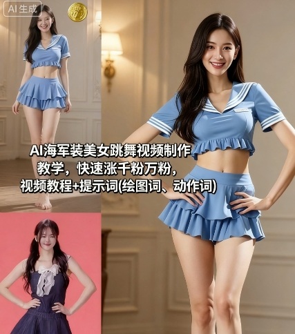 AI海军装美女跳舞视频制作教学，快速涨千粉万粉，视频教程+提示词(绘图词、动作词)-网亿资源平台
