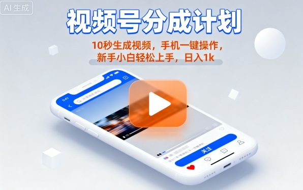 视频号分成计划懒人玩法，10秒生成视频，手机一键操作，新手小白轻松上手，日入1K【揭秘】-网亿资源平台