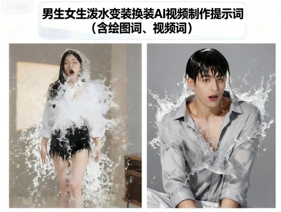男生女生泼水变装换装AI视频制作提示词(含绘图词、视频词)-网亿资源平台