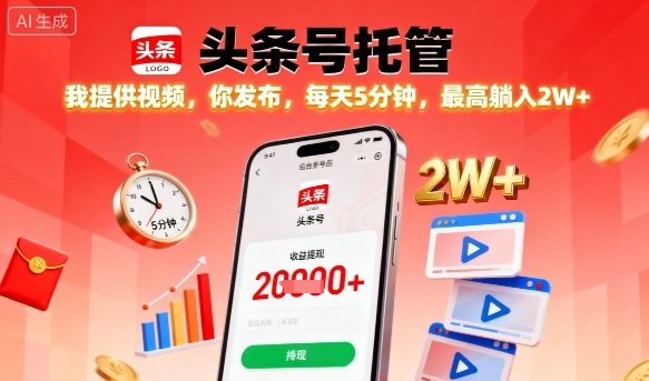 【头条号托管】我提供视频，你发布，每天5分钟，最高躺入2W+【揭秘】-邪修侠