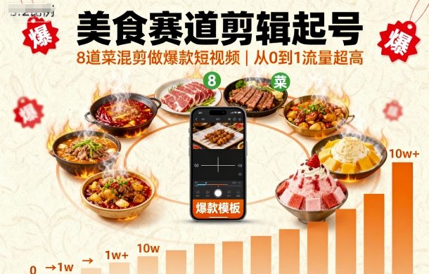 美食赛道剪辑起号，8道菜混剪做爆款短视频，从0到1，流量超高-网亿资源平台