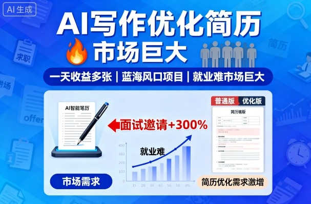 AI写作优化简历，一天收益多张，蓝海风口项目，就业难市场巨大-网亿资源平台