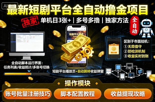 最新短剧平台全自动挂G撸金项目，单机一天3张+，多号多撸，区别于市面所有挂机项目，独家方法【揭秘】-网亿资源平台