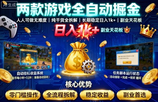 两款游戏全自动掘金，人人可做无难度，纯干货全拆解，长期稳定，日入1k+，副业天花板【揭秘】-网创百晓生