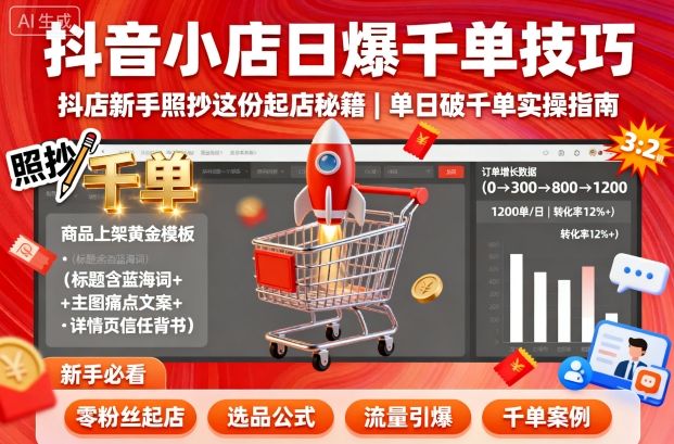 抖音小店日爆千单技巧，抖店新手照抄这份起店秘籍，单日破千单-网亿资源平台