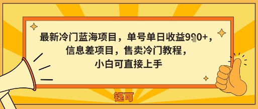 最新冷门蓝海项目，单号单日收益多张，信息差项目，售卖冷门教程，小白可直接上手-网亿资源平台