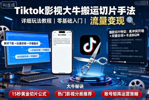 Tiktok影视大牛搬运切片手法，详细玩法教程-网亿资源平台