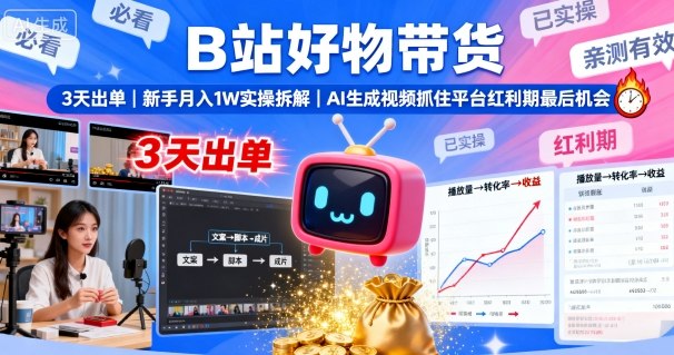 B站好物带货，3天出单，新手月入1W实操拆解，AI生成视频，抓住平台红利期最后机会-网亿资源平台