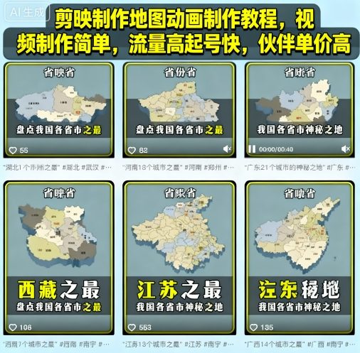 剪映制作地图动画制作教程，视频制作简单，流量高起号快，伙伴单价高-网亿资源平台