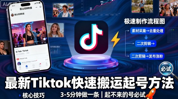 最新Tiktok快速搬运快速起号方法，3-5分钟做一条，起不来的号可以试试-网亿资源平台