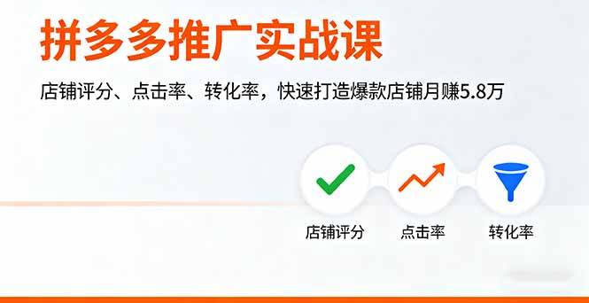 （16115期）拼多多推广实战课，店铺评分、点击率、转化率，快速打造爆款店铺月赚5.8万-网亿资源平台