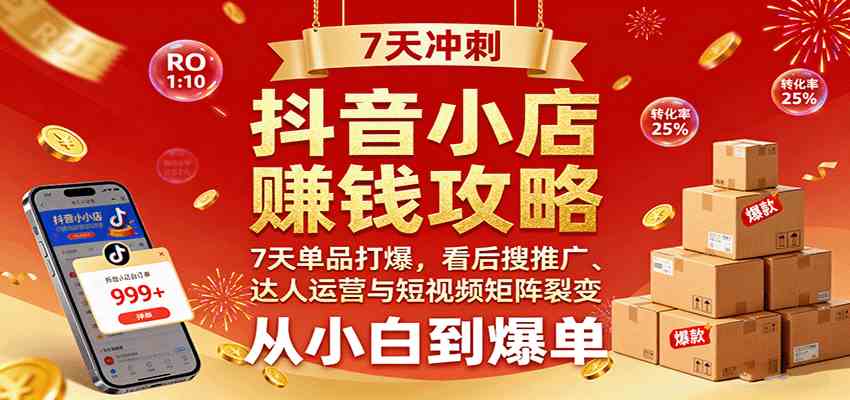 抖音小店赚钱攻略：7天单品打爆技巧，看后搜推广、达人运营与短视频矩阵裂变实战-网亿资源平台