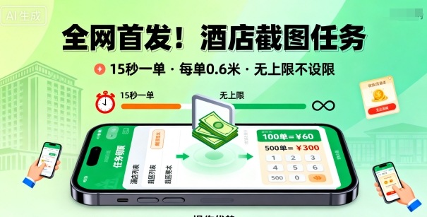 全网首发！酒店截图任务，15秒一单，每单0.6米，任务无上限不设限，矩阵操作单日3张到手【揭秘】-网亿资源平台