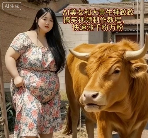 AI美女和大黄牛摔跤搞笑荒诞视频制作教程，快速涨千粉万粉-网亿资源平台