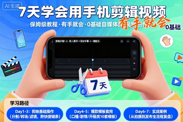 7天学会用手机剪辑视，保姆级教程，有手就会，0基础自媒体短视频创作教程-网亿资源平台