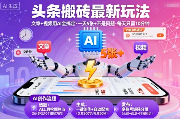 头条搬砖最新玩法，文章+视频用AI全搞定，一天5张+不是问题，每天只需10分钟-邪修侠