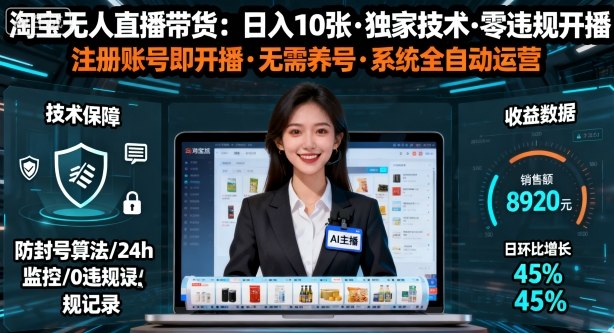 【最新】淘宝无人直播带货，日入10张，独家技术，无违规无封号，注册账号直接开播，不用养号【揭秘】-网亿资源平台