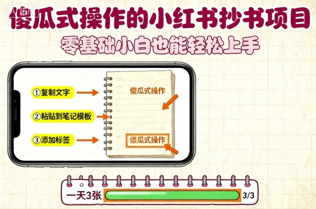 傻瓜式操作的小红书抄书项目，会复制粘贴就行，零基础小白也能一天3张-网亿资源平台