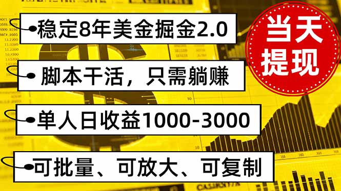 稳定8年美金掘金2.0脚本干活，只需躺赚。单人日收益1000-3000可批量、…-网亿资源平台