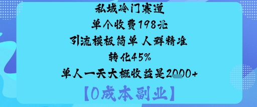 私域冷门赛道:单个收费198米引流模板简单人群精准转化45%单人一天大概收益是1k+-网亿资源平台