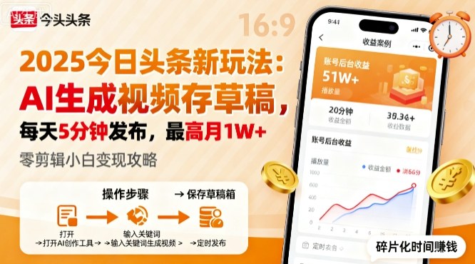 2025年今日头条躺賺新玩法,AI生成视频存草稿,每天5分钟发布,最高月1W+【揭秘】-邪修侠 - 演示