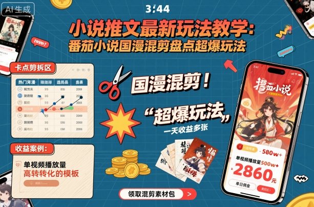 小说推文最新玩法教学，番茄小说国漫混剪盘点超爆玩法，全程干货，一天收益多张-网亿资源平台