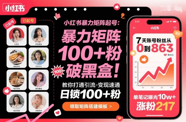 小红书暴力矩阵起号，教你打通引流-变现速通，日锁100+粉，破流量黑盒-网亿资源平台