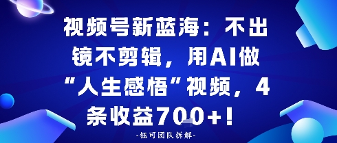 视频号新蓝海：不出镜不剪辑，用AI做“人生感悟”视频，4条收益7张-网亿资源平台