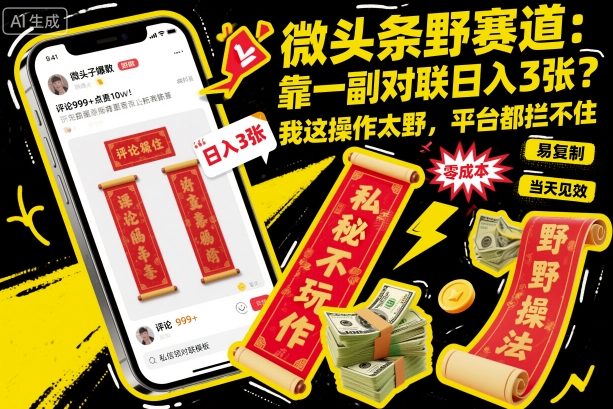 微头条野赛道，靠一副对联日入3张？我这操作太野，平台都拦不住！-网亿资源平台
