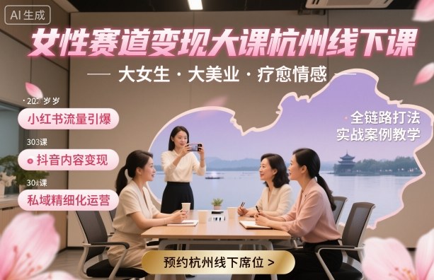 女性赛道变现大课杭州线下，大女生，大美业，疗愈情感，一套小红书、抖音、私域全链路打法-邪修侠