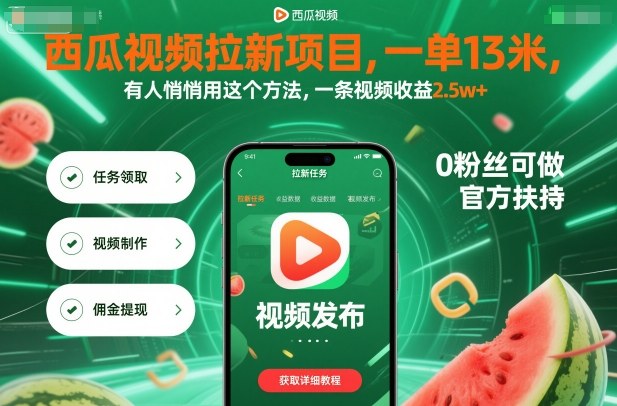 西瓜视频拉新项目，一单13米，有人悄悄用这个方法，一条视频收益2.5w+（附详细教程）-网亿资源平台