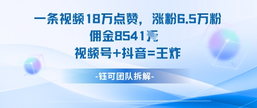 一条视频18W点赞,涨粉6.5W粉佣金8541米,视频号+抖音=王炸-邪修侠