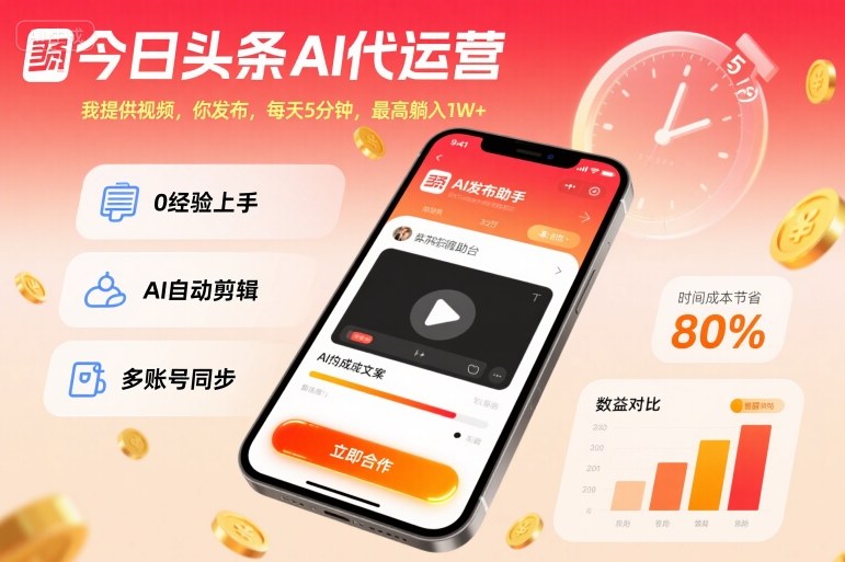 今日头条AI代运营，我提供视频，你发布，每天5分钟，最高躺入1W+【揭秘】-网亿资源平台