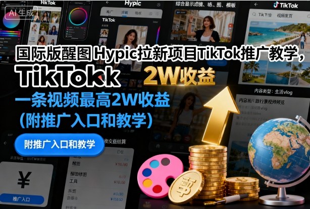 国际版醒图Hypic拉新项目TikTok推广教学，一条视频最高2W收益（附推广入口和教学）-网亿资源平台