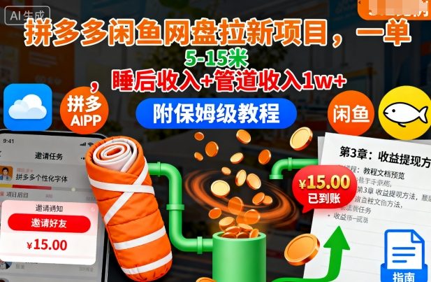 拼多多闲鱼网盘拉新项目,一单5-15米,睡后收入+管道收入1w+(附保姆级教程)