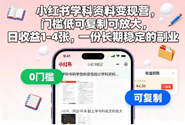 小红书学科资料变现营，门槛低可复制可放大，日收益1-4张，一份长期稳定的副业-邪修侠