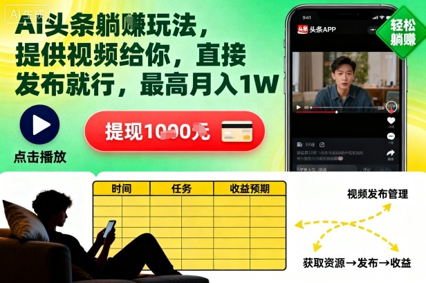 AI头条躺賺玩法,提供视频给你,直接发布就行,最高月入1W+【揭秘】-邪修侠
