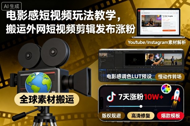 电影感短视频玩法教学,搬运外网短视频剪辑发布涨粉-邪修侠 - 演示